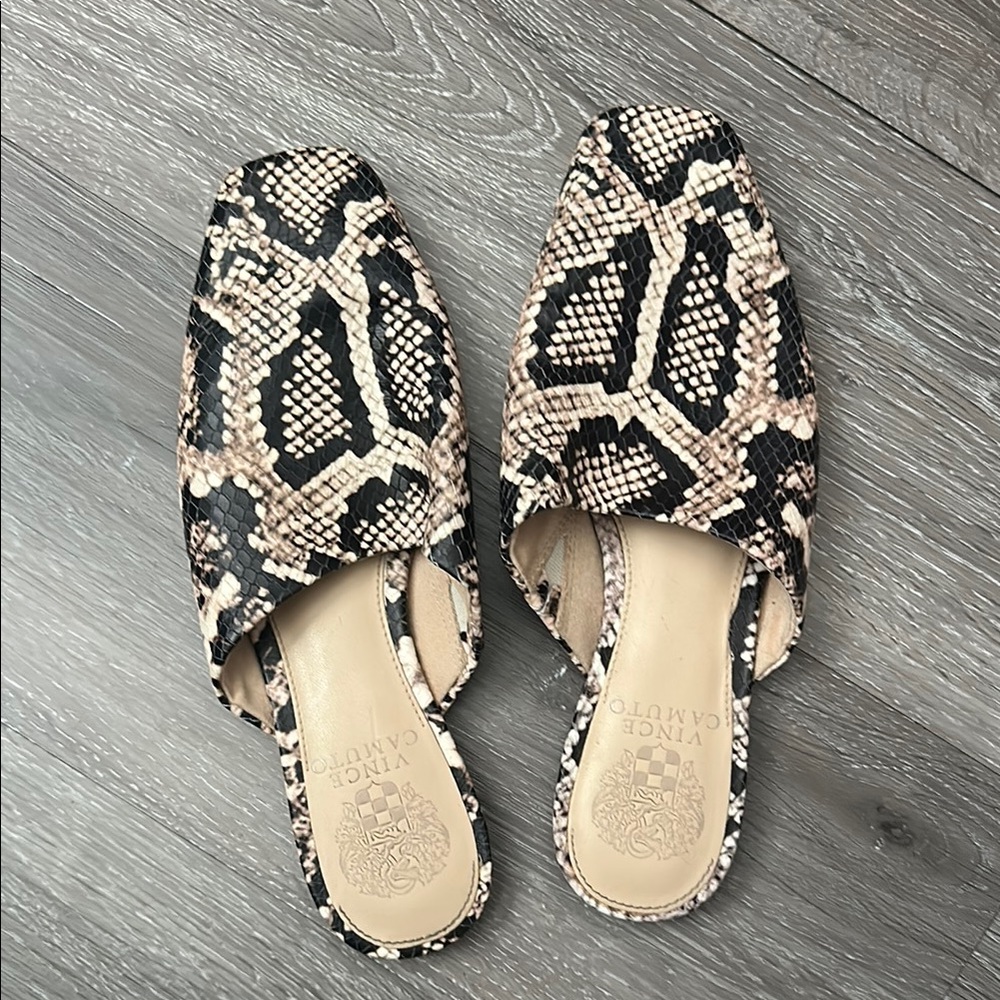Vince Camuto Women's Snake Print Mules - Black and Tan